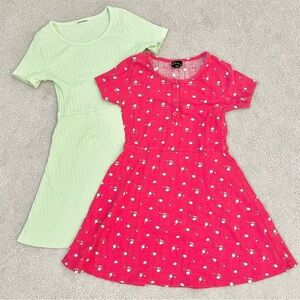 Art Class Girls' Henley Skater Dress bundl, light red floral and lime green